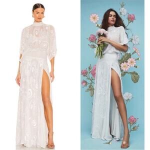 Retrofete Chloe Sequin Embellished Sheer Mock Neck White Maxi Dress Size Medium